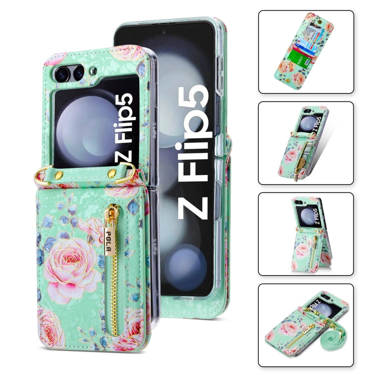 For Samsung Galaxy Z Flip5 POLA Rose Pattern Multi-Card Slots Zipper Wallet Phone Case(Cyan)