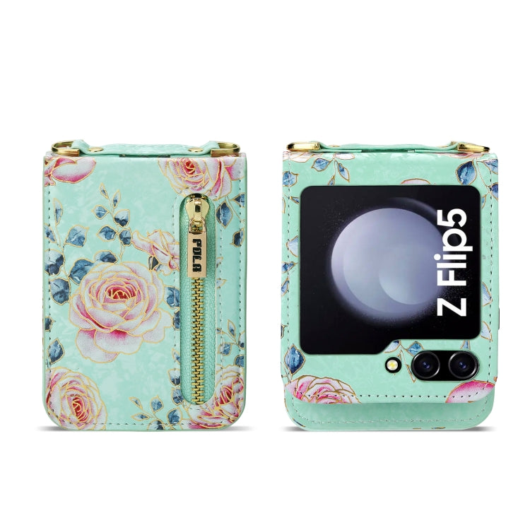 For Samsung Galaxy Z Flip5 POLA Rose Pattern Multi-Card Slots Zipper Wallet Phone Case(Cyan)