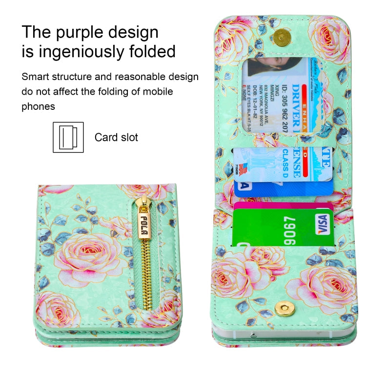 For Samsung Galaxy Z Flip5 POLA Rose Pattern Multi-Card Slots Zipper Wallet Phone Case(Cyan)