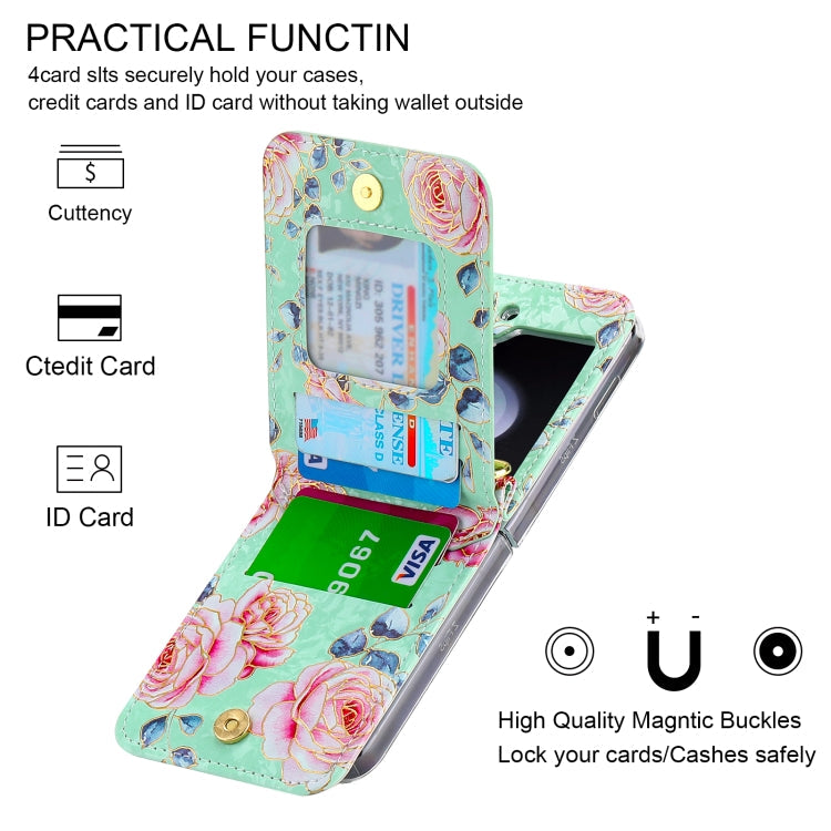 For Samsung Galaxy Z Flip5 POLA Rose Pattern Multi-Card Slots Zipper Wallet Phone Case(Cyan)
