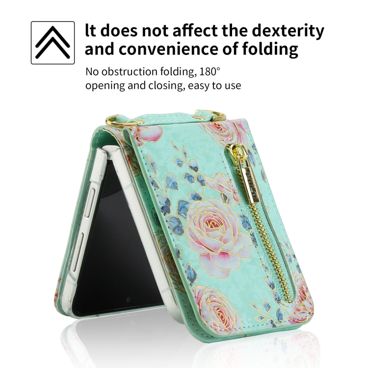 For Samsung Galaxy Z Flip5 POLA Rose Pattern Multi-Card Slots Zipper Wallet Phone Case(Cyan)