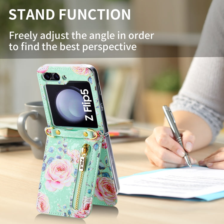 For Samsung Galaxy Z Flip5 POLA Rose Pattern Multi-Card Slots Zipper Wallet Phone Case(Cyan)