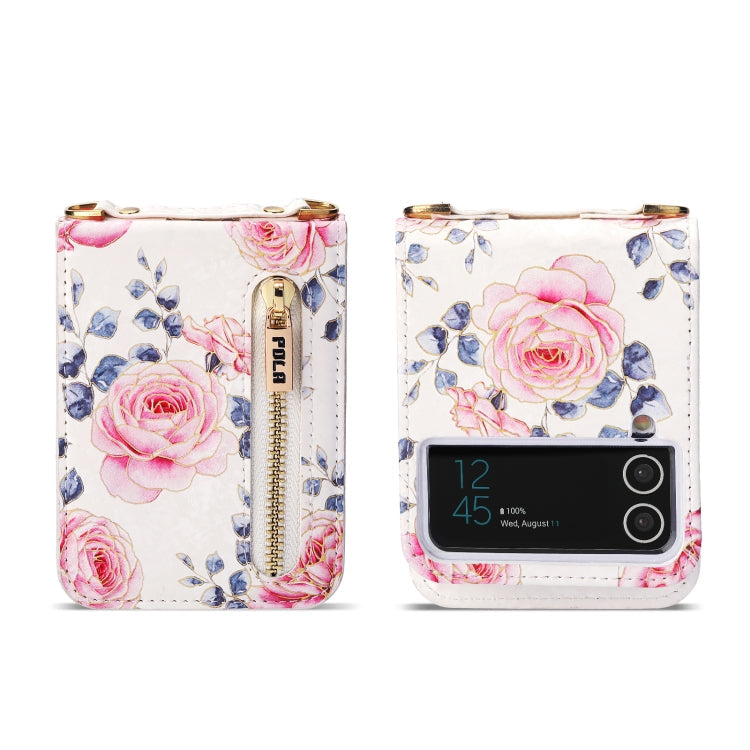 For Samsung Galaxy Z Flip4 POLA Rose Pattern Multi-Card Slots Zipper Wallet Phone Case(White)
