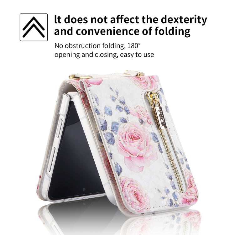 For Samsung Galaxy Z Flip4 POLA Rose Pattern Multi-Card Slots Zipper Wallet Phone Case(White)