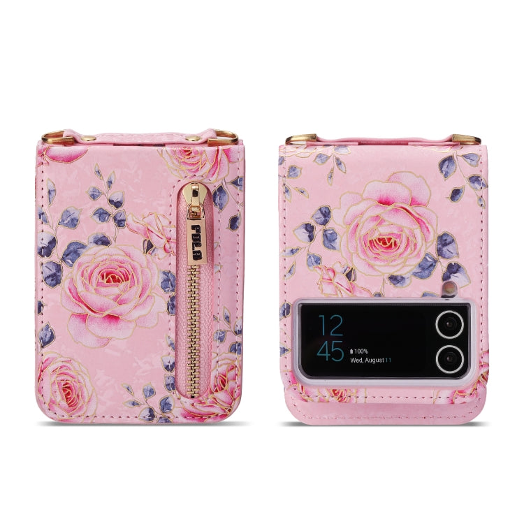For Samsung Galaxy Z Flip4 POLA Rose Pattern Multi-Card Slots Zipper Wallet Phone Case(Pink)