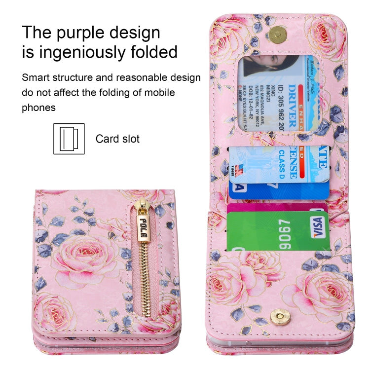 For Samsung Galaxy Z Flip4 POLA Rose Pattern Multi-Card Slots Zipper Wallet Phone Case(Pink)