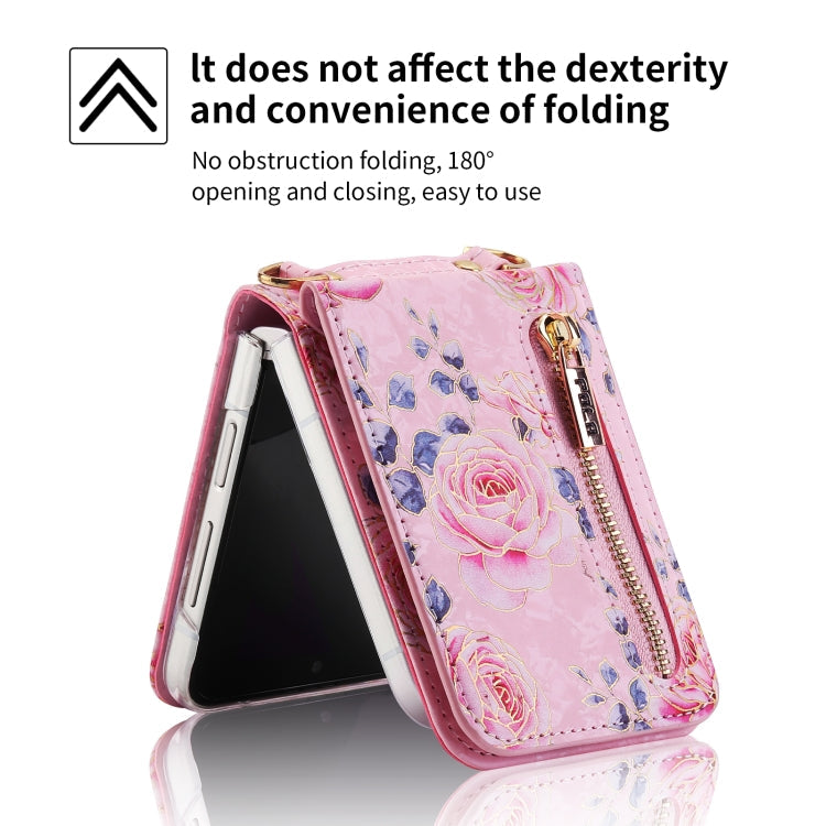 For Samsung Galaxy Z Flip4 POLA Rose Pattern Multi-Card Slots Zipper Wallet Phone Case(Pink)