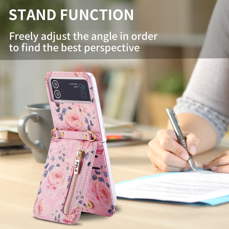 For Samsung Galaxy Z Flip4 POLA Rose Pattern Multi-Card Slots Zipper Wallet Phone Case(Pink)