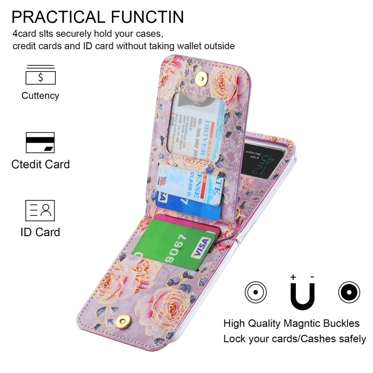 For Samsung Galaxy Z Flip4 POLA Rose Pattern Multi-Card Slots Zipper Wallet Phone Case(Purple)