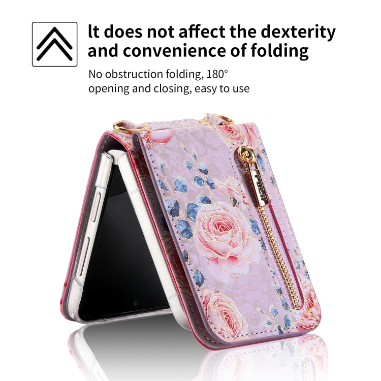 For Samsung Galaxy Z Flip4 POLA Rose Pattern Multi-Card Slots Zipper Wallet Phone Case(Purple)