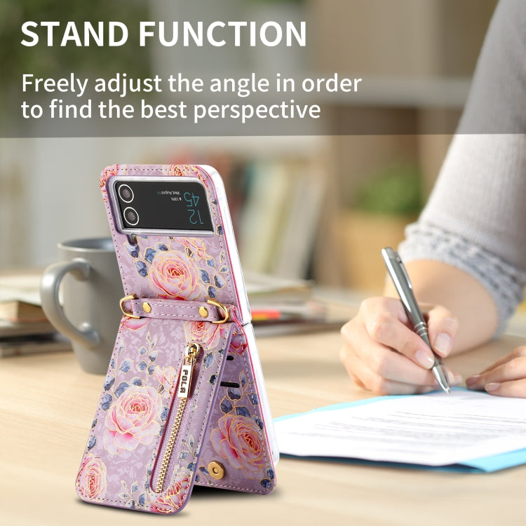For Samsung Galaxy Z Flip4 POLA Rose Pattern Multi-Card Slots Zipper Wallet Phone Case(Purple)