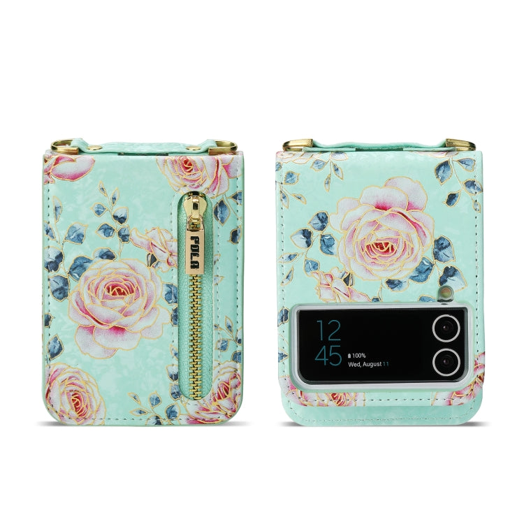 For Samsung Galaxy Z Flip4 POLA Rose Pattern Multi-Card Slots Zipper Wallet Phone Case(Cyan)