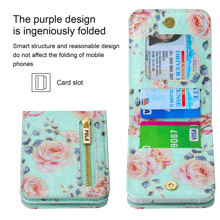 For Samsung Galaxy Z Flip4 POLA Rose Pattern Multi-Card Slots Zipper Wallet Phone Case(Cyan)