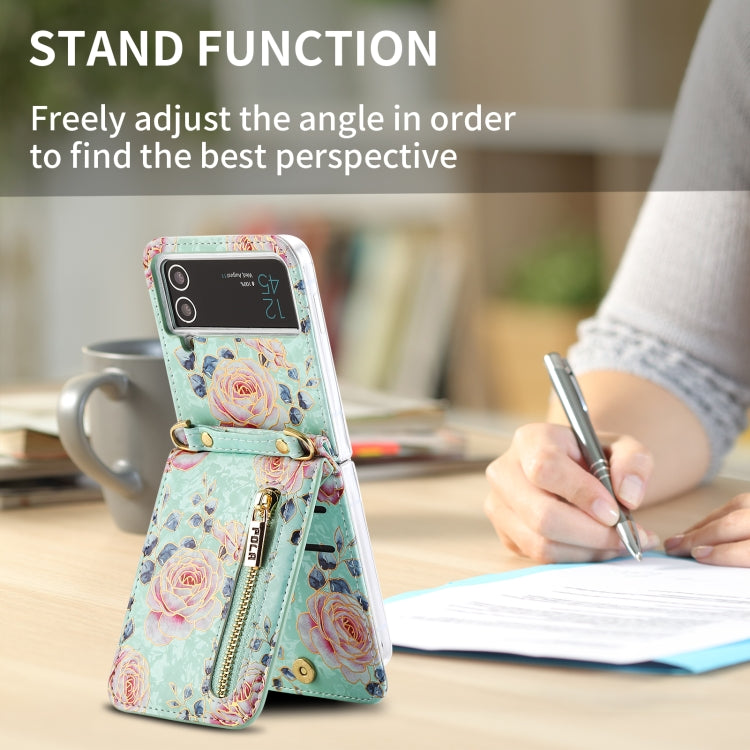 For Samsung Galaxy Z Flip4 POLA Rose Pattern Multi-Card Slots Zipper Wallet Phone Case(Cyan)