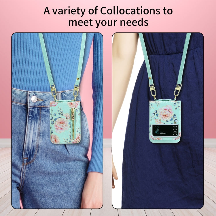For Samsung Galaxy Z Flip4 POLA Rose Pattern Multi-Card Slots Zipper Wallet Phone Case(Cyan)