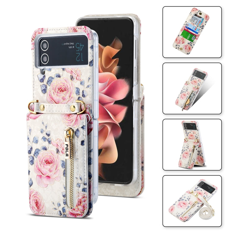 For Samsung Galaxy Z Flip3 5G POLA Rose Pattern Multi-Card Slots Zipper Wallet Phone Case(White)