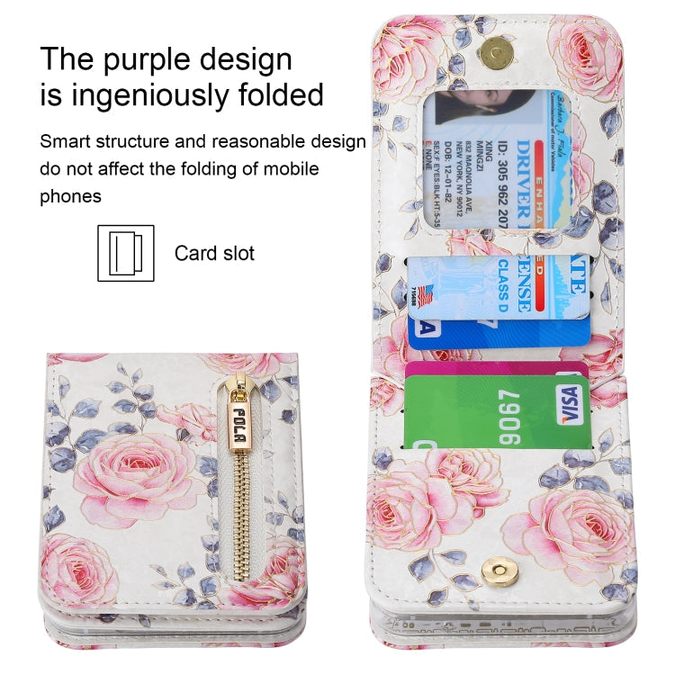 For Samsung Galaxy Z Flip3 5G POLA Rose Pattern Multi-Card Slots Zipper Wallet Phone Case(White)