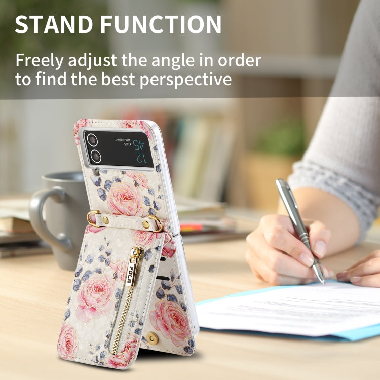 For Samsung Galaxy Z Flip3 5G POLA Rose Pattern Multi-Card Slots Zipper Wallet Phone Case(White)