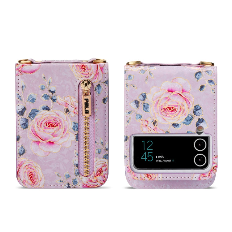 For Samsung Galaxy Z Flip3 5G POLA Rose Pattern Multi-Card Slots Zipper Wallet Phone Case(Purple)
