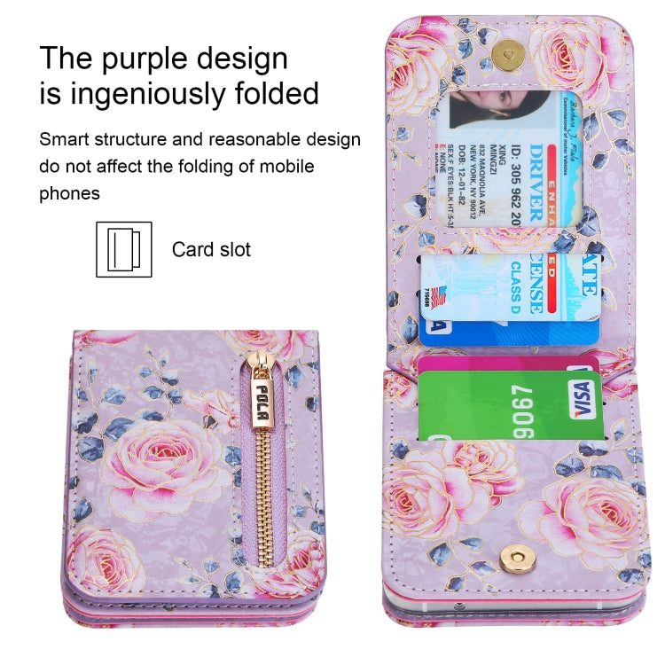 For Samsung Galaxy Z Flip3 5G POLA Rose Pattern Multi-Card Slots Zipper Wallet Phone Case(Purple)