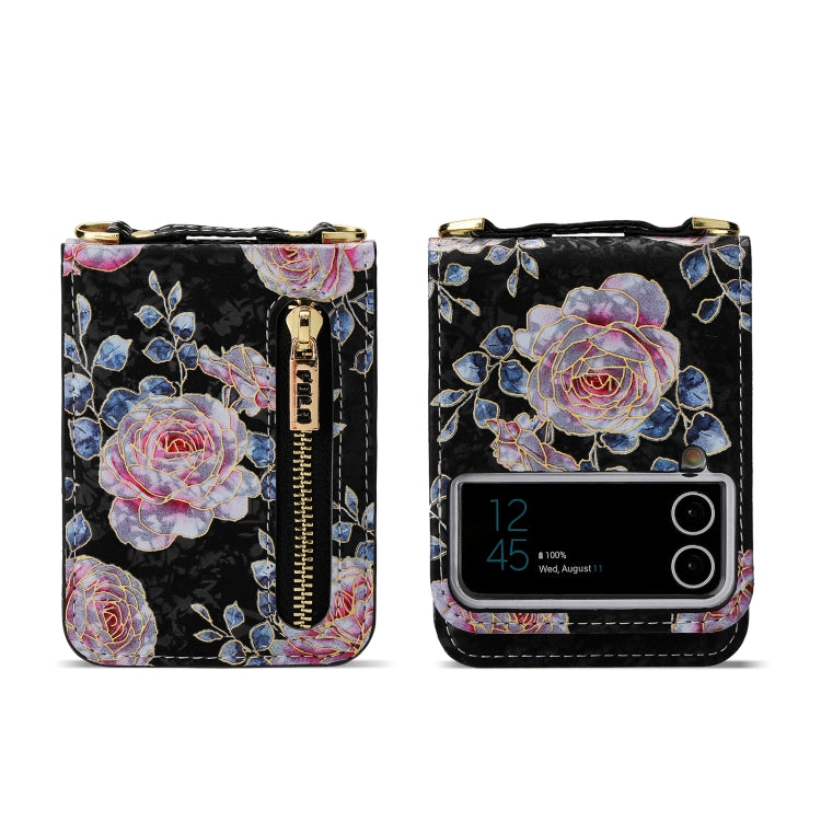 For Samsung Galaxy Z Flip3 5G POLA Rose Pattern Multi-Card Slots Zipper Wallet Phone Case(Black)