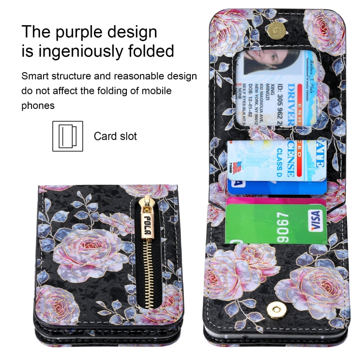 For Samsung Galaxy Z Flip3 5G POLA Rose Pattern Multi-Card Slots Zipper Wallet Phone Case(Black)