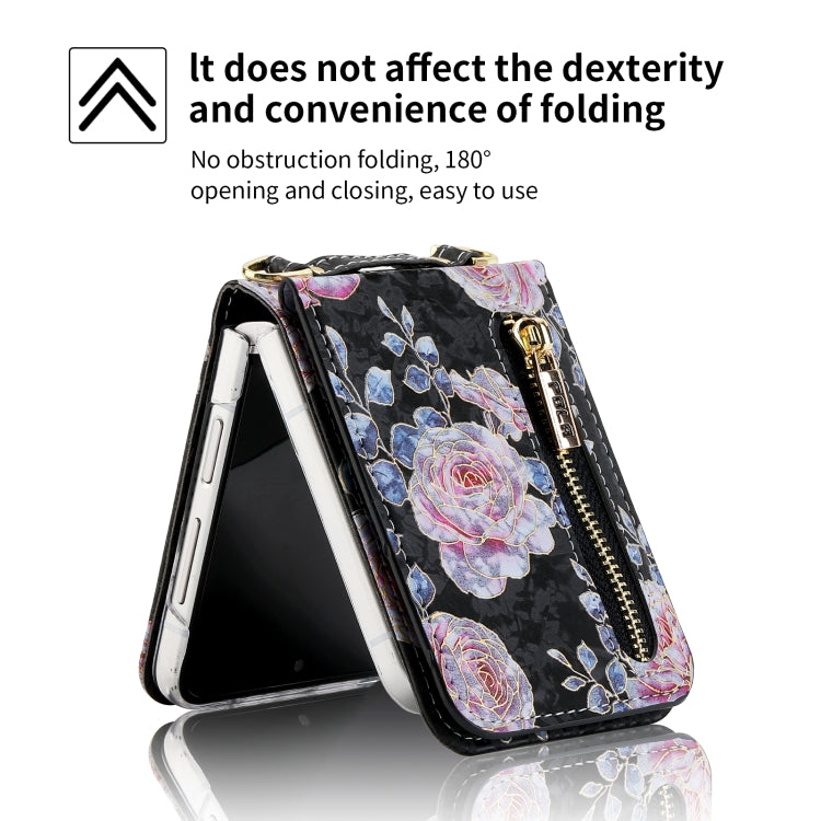 For Samsung Galaxy Z Flip3 5G POLA Rose Pattern Multi-Card Slots Zipper Wallet Phone Case(Black)