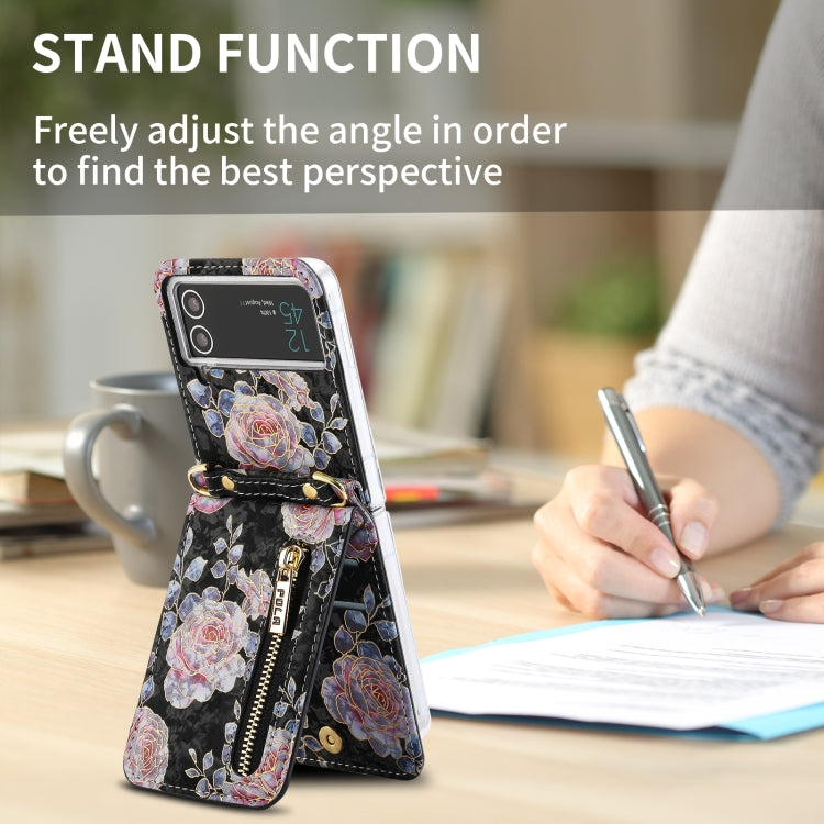 For Samsung Galaxy Z Flip3 5G POLA Rose Pattern Multi-Card Slots Zipper Wallet Phone Case(Black)