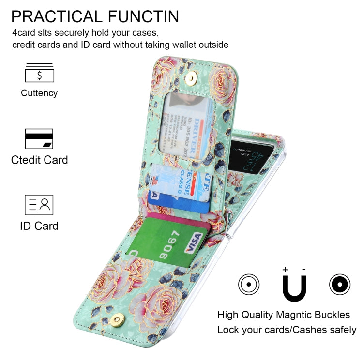 For Samsung Galaxy Z Flip3 5G POLA Rose Pattern Multi-Card Slots Zipper Wallet Phone Case(Cyan)