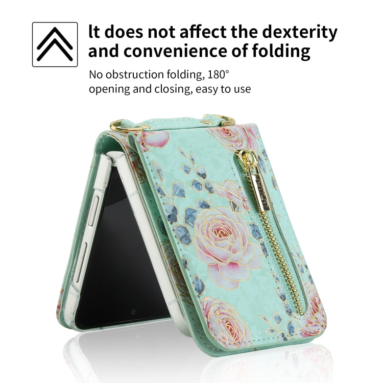 For Samsung Galaxy Z Flip3 5G POLA Rose Pattern Multi-Card Slots Zipper Wallet Phone Case(Cyan)