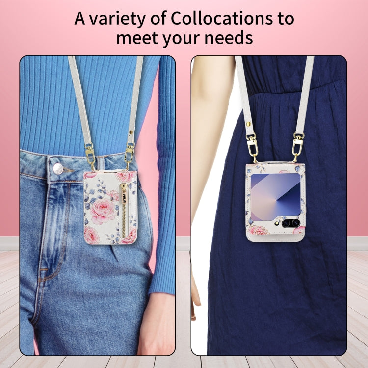 For Samsung Galaxy Z Flip6 / Flip7 FE POLA Rose Pattern Multi-Card Slots Zipper Wallet Phone Case(White)