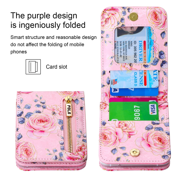 For Samsung Galaxy Z Flip6 / Flip7 FE POLA Rose Pattern Multi-Card Slots Zipper Wallet Phone Case(Pink)