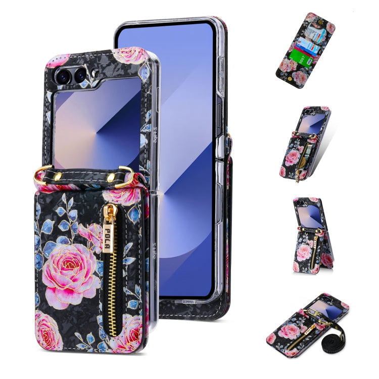 For Samsung Galaxy Z Flip6 / Flip7 FE POLA Rose Pattern Multi-Card Slots Zipper Wallet Phone Case(Black)