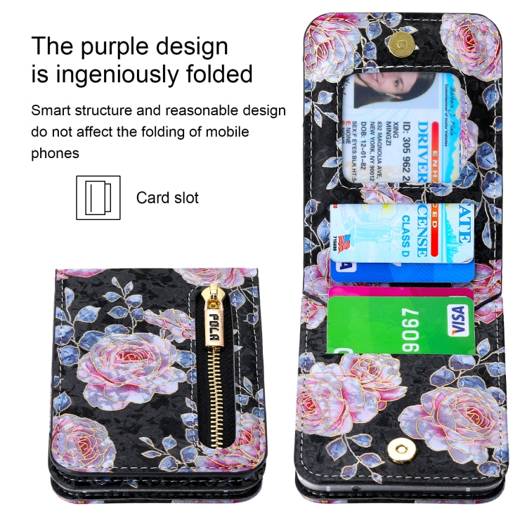 For Samsung Galaxy Z Flip6 / Flip7 FE POLA Rose Pattern Multi-Card Slots Zipper Wallet Phone Case(Black)