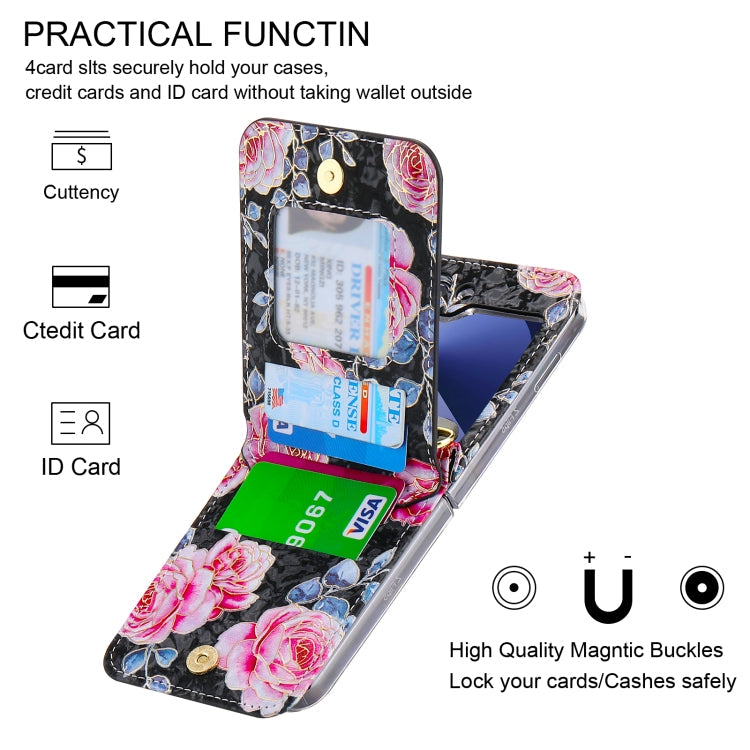For Samsung Galaxy Z Flip6 / Flip7 FE POLA Rose Pattern Multi-Card Slots Zipper Wallet Phone Case(Black)