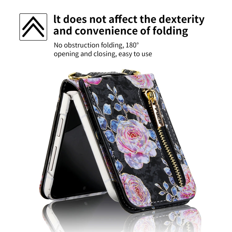 For Samsung Galaxy Z Flip6 / Flip7 FE POLA Rose Pattern Multi-Card Slots Zipper Wallet Phone Case(Black)