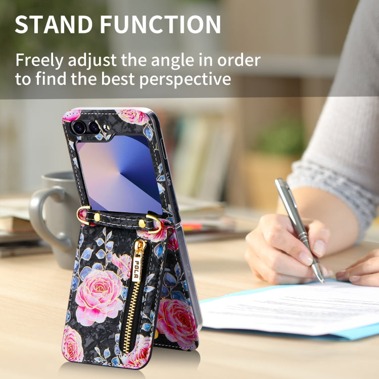 For Samsung Galaxy Z Flip6 / Flip7 FE POLA Rose Pattern Multi-Card Slots Zipper Wallet Phone Case(Black)
