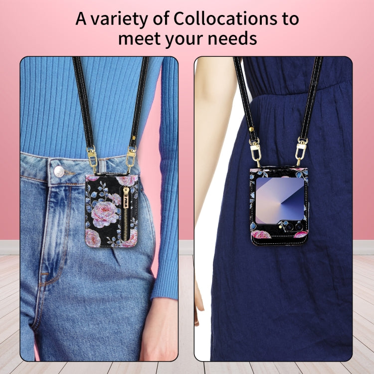 For Samsung Galaxy Z Flip6 / Flip7 FE POLA Rose Pattern Multi-Card Slots Zipper Wallet Phone Case(Black)