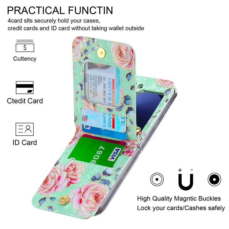 For Samsung Galaxy Z Flip6 / Flip7 FE POLA Rose Pattern Multi-Card Slots Zipper Wallet Phone Case(Cyan)
