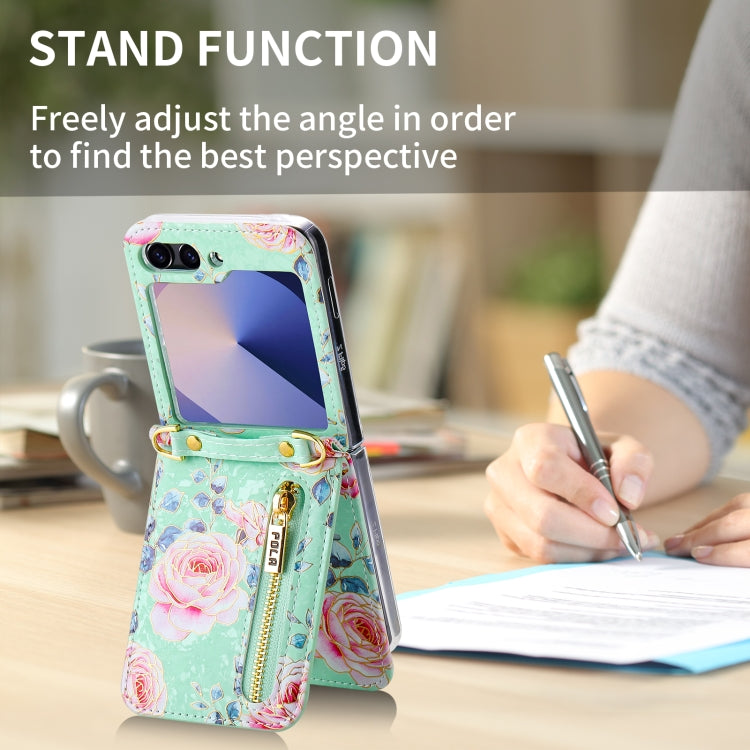 For Samsung Galaxy Z Flip6 / Flip7 FE POLA Rose Pattern Multi-Card Slots Zipper Wallet Phone Case(Cyan)