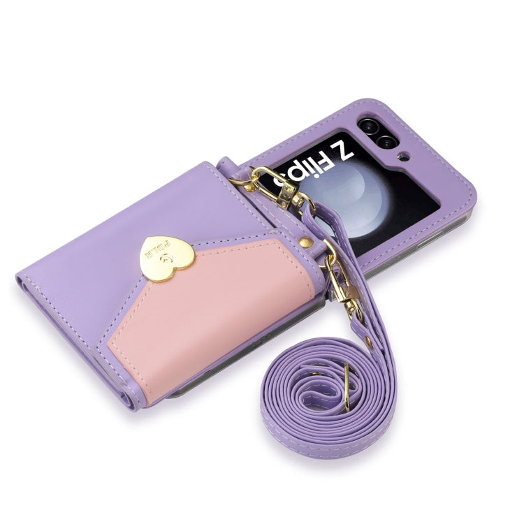For Samsung Galaxy Z Flip5 POLA Color Block Love Buckle Multi-Card Slots Wallet Phone Case(Purple)