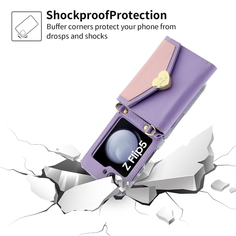 For Samsung Galaxy Z Flip5 POLA Color Block Love Buckle Multi-Card Slots Wallet Phone Case(Purple)