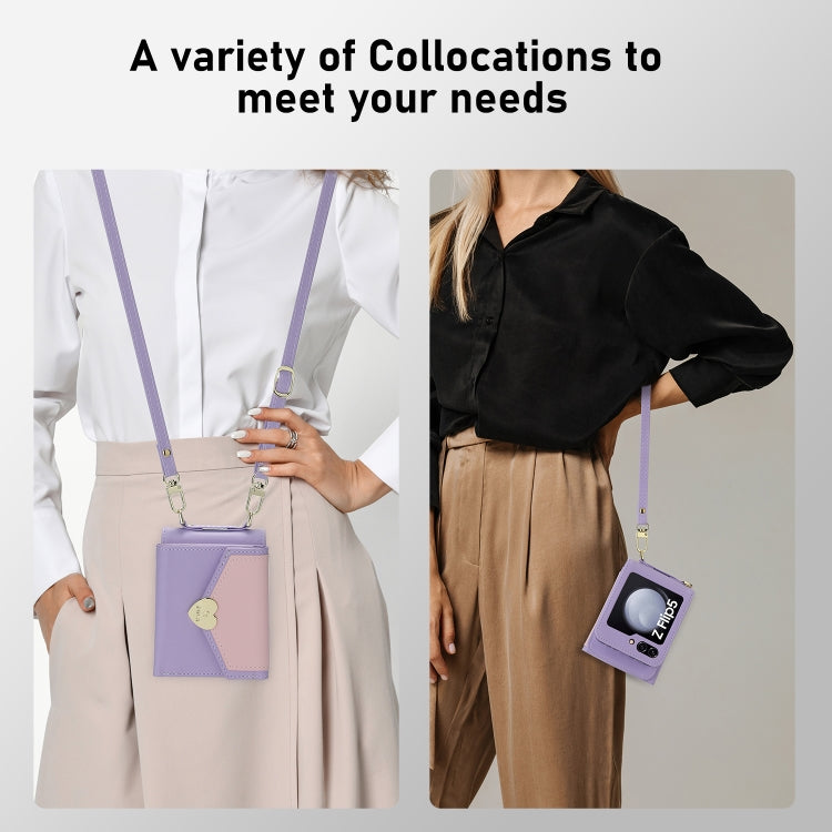 For Samsung Galaxy Z Flip5 POLA Color Block Love Buckle Multi-Card Slots Wallet Phone Case(Purple)