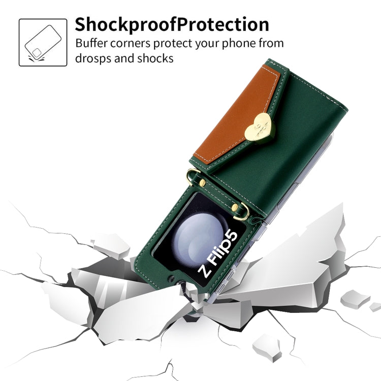 For Samsung Galaxy Z Flip5 POLA Color Block Love Buckle Multi-Card Slots Wallet Phone Case(Green)