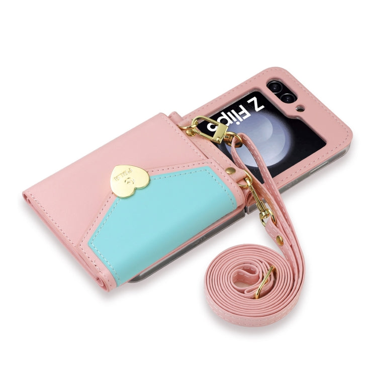 For Samsung Galaxy Z Flip5 POLA Color Block Love Buckle Multi-Card Slots Wallet Phone Case(Pink)