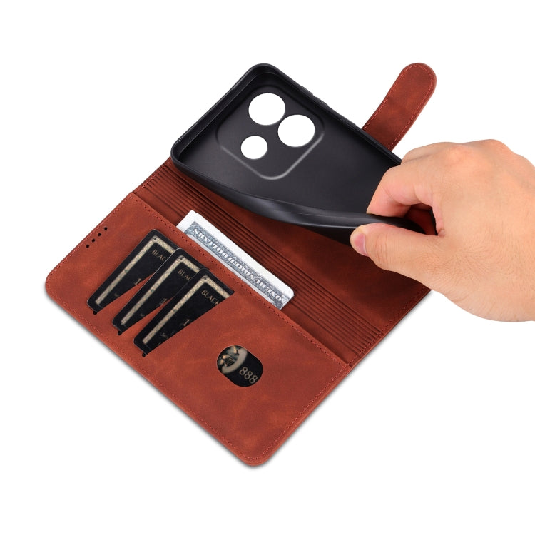 For Redmi Note 14 5G AZNS Skin Feel Calf Texture Flip Leather Phone Case(Brown)
