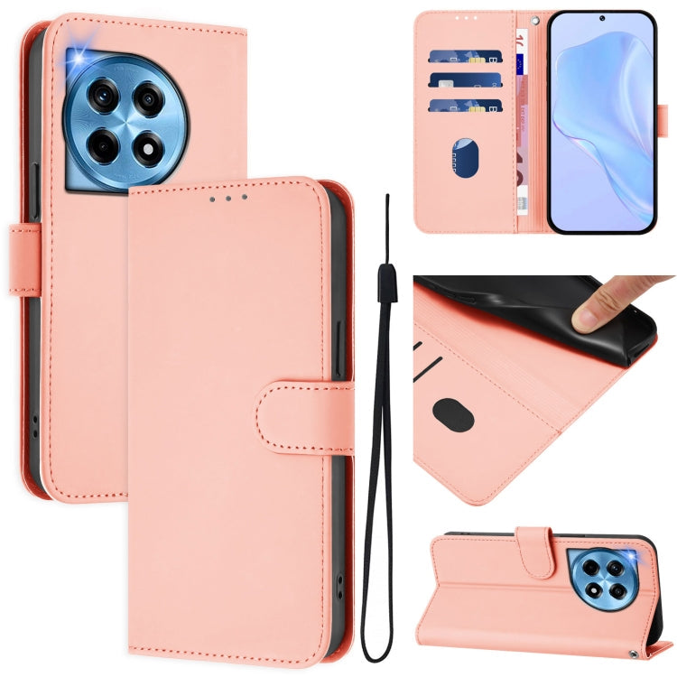 Skin Feel Solid Color Leather Phone Case with Lanyard, For OnePlus 12 5G Global