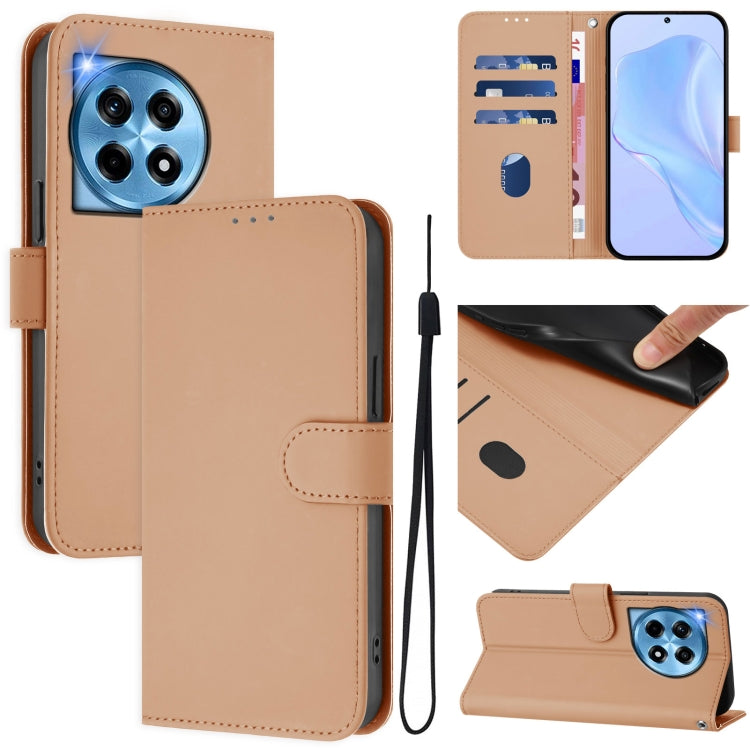 Skin Feel Solid Color Leather Phone Case with Lanyard, For OnePlus 12 5G Global