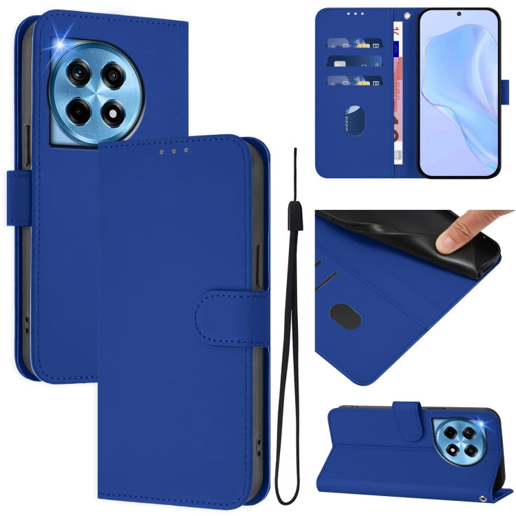 Skin Feel Solid Color Leather Phone Case with Lanyard, For OnePlus 12 5G Global