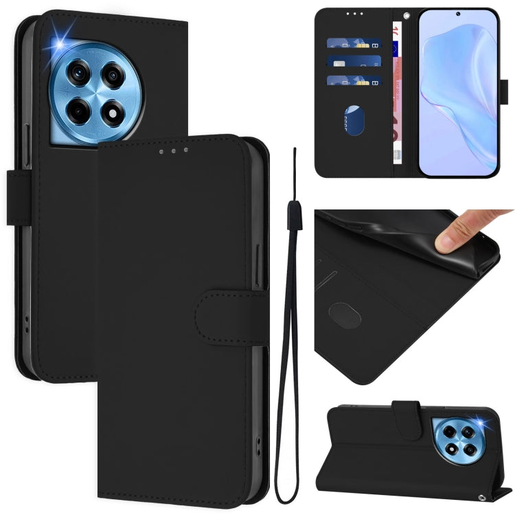 Skin Feel Solid Color Leather Phone Case with Lanyard, For OnePlus 12 5G Global